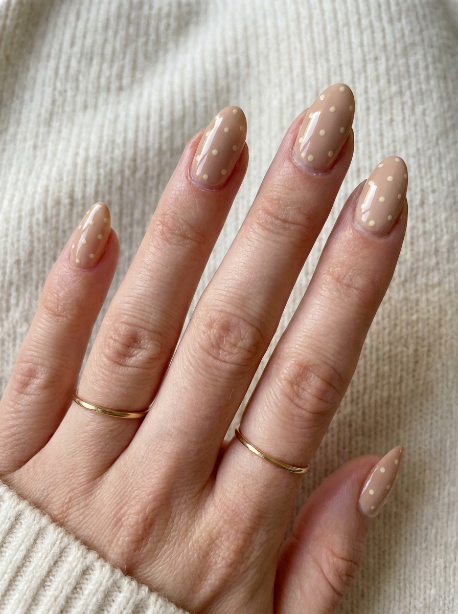 Nude Polka Dot Nails mit neutraler Basis und feinen Punkten